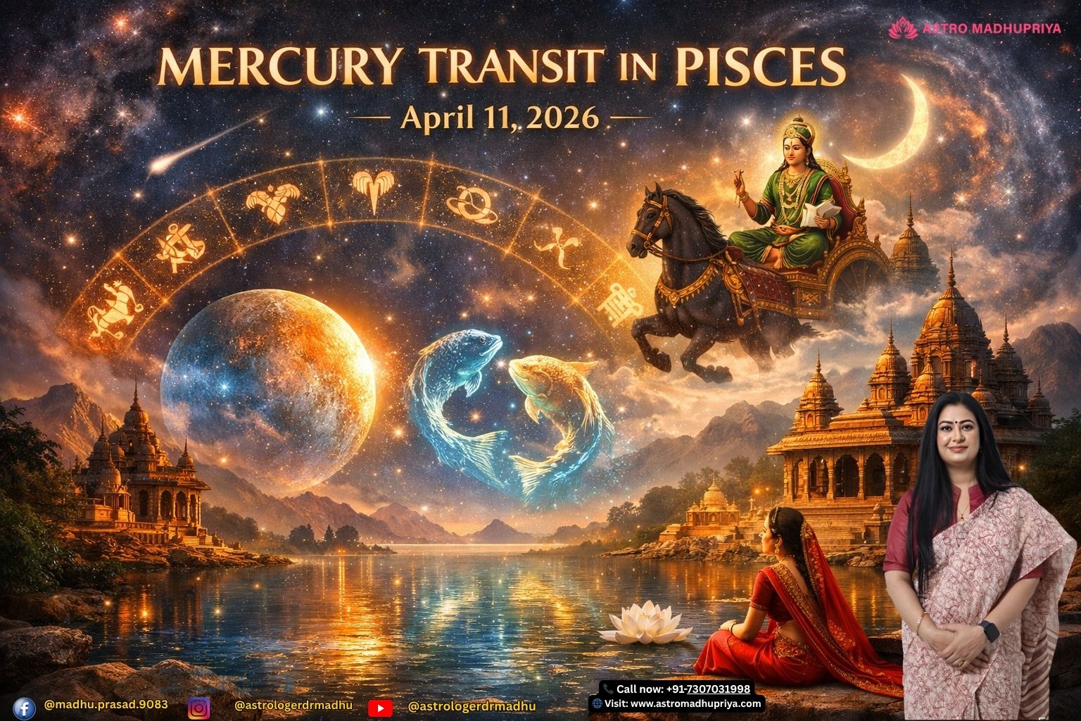 Mystical zodiac landscape showing Mercury’s transit in Pisces, blending analytical energy with spiritual waters.