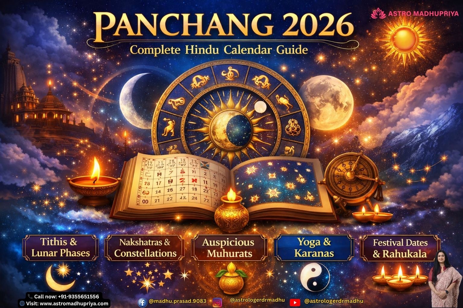 Indian zodiac signs illustrated in a cosmic background with Panchang 2026 key points.