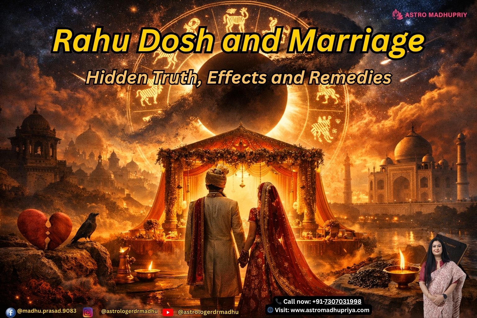 Infographic showing six effects of Rahu Dosh on marriage, including trust issues, karmic bonds, and instability.