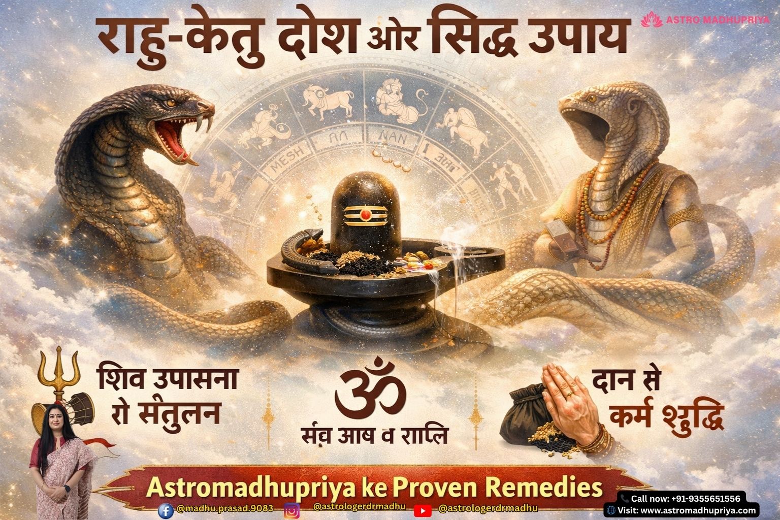 Cosmic Rahu‑Ketu axis with Shivling and serpents, symbolizing karmic balance and remedies. Astrological chart showing Rahu‑Ketu dosh effects with mystical cosmic background. Lord Shiva worship depiction with black sesame offering for Rahu‑Ketu remedies.