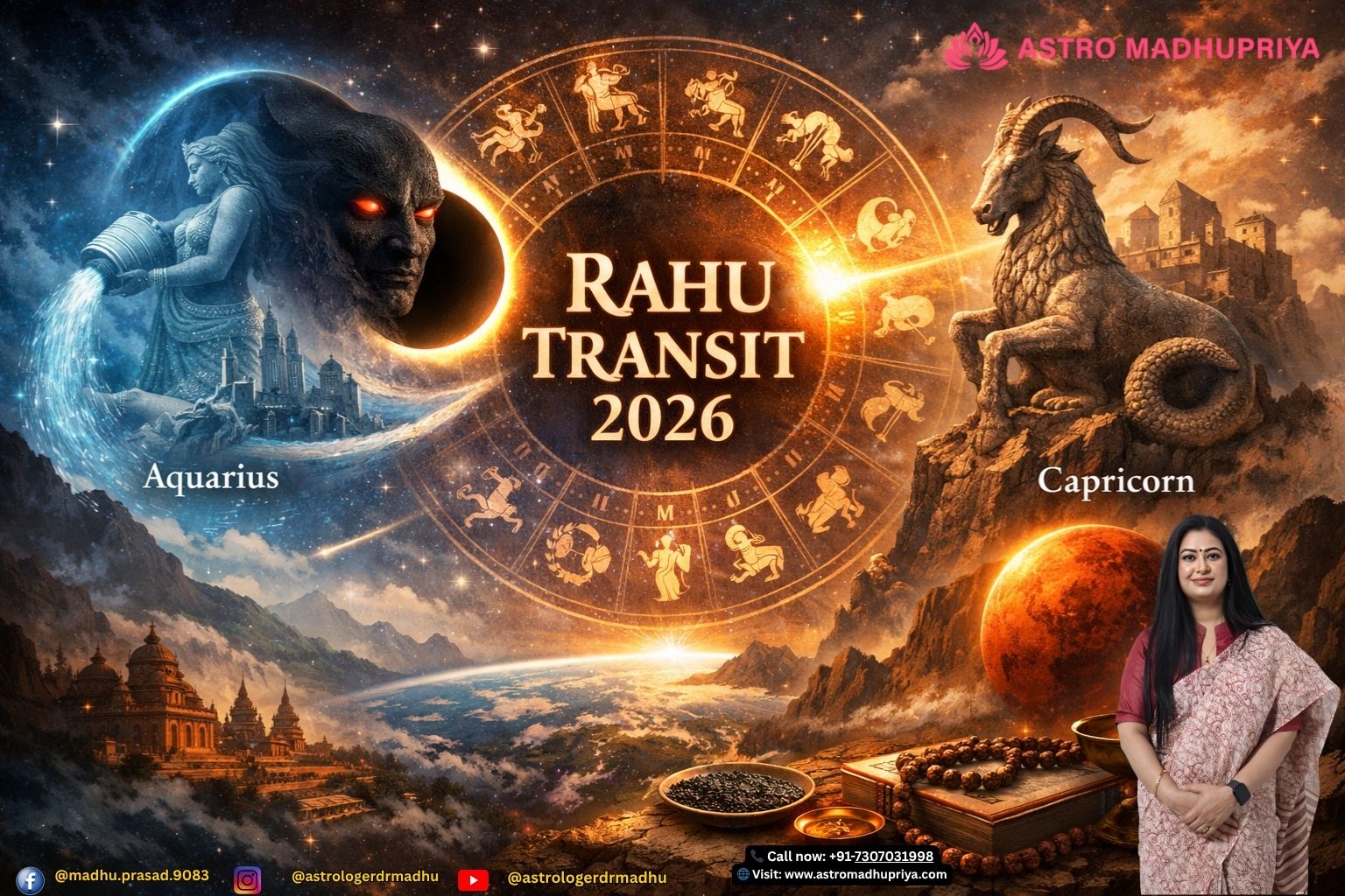 Astrological chart highlighting Rahu Transit 2026 dates, effects, and Angaraka Yoga conjunction with Mars.