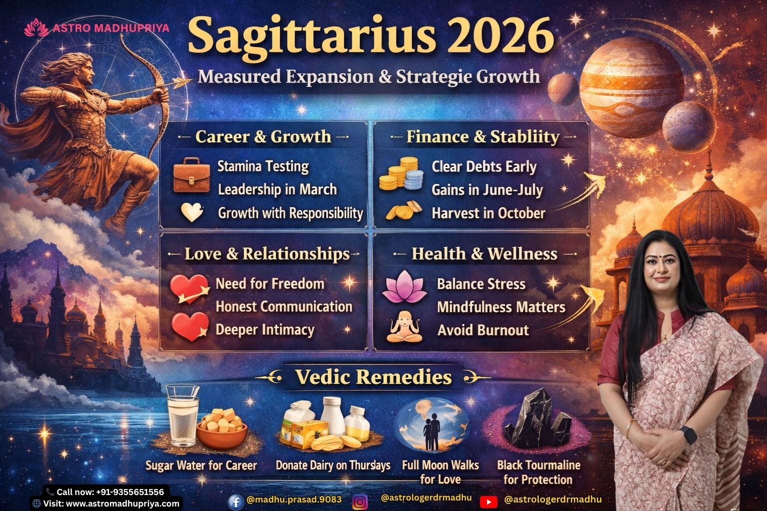 Sagittarius 2026 horoscope poster showing themes of measured expansion, career resilience, financial stability, and love transformation.