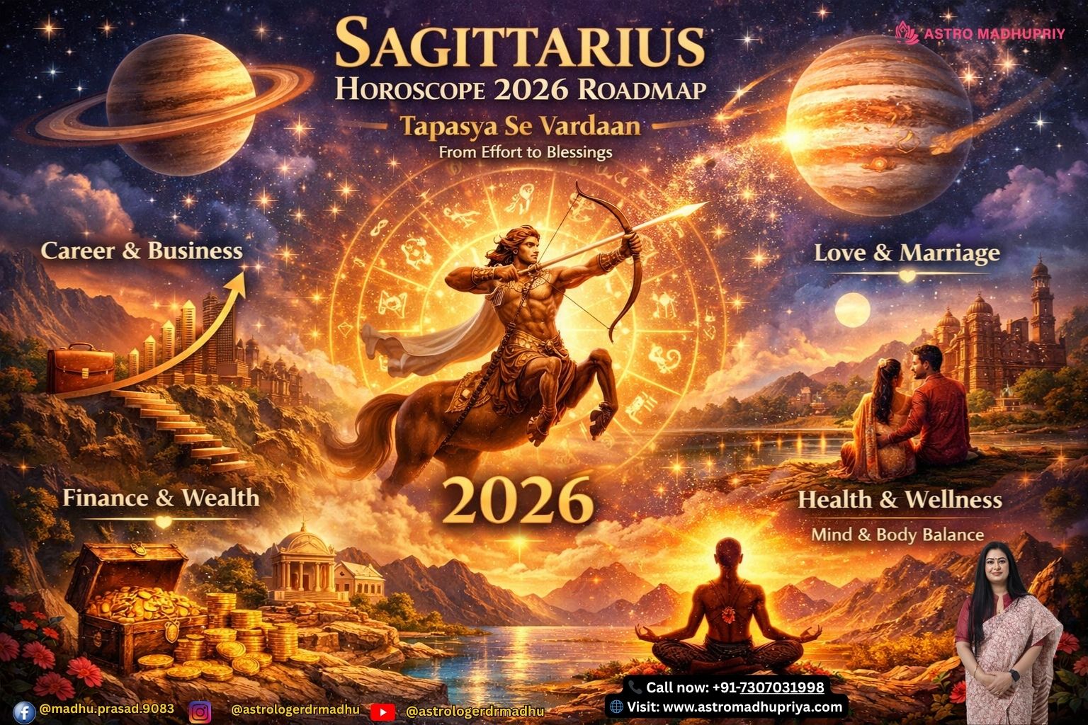 Sagittarius Horoscope 2026 roadmap with zodiac Archer symbol, cosmic background, and Saturn-Jupiter alignment.