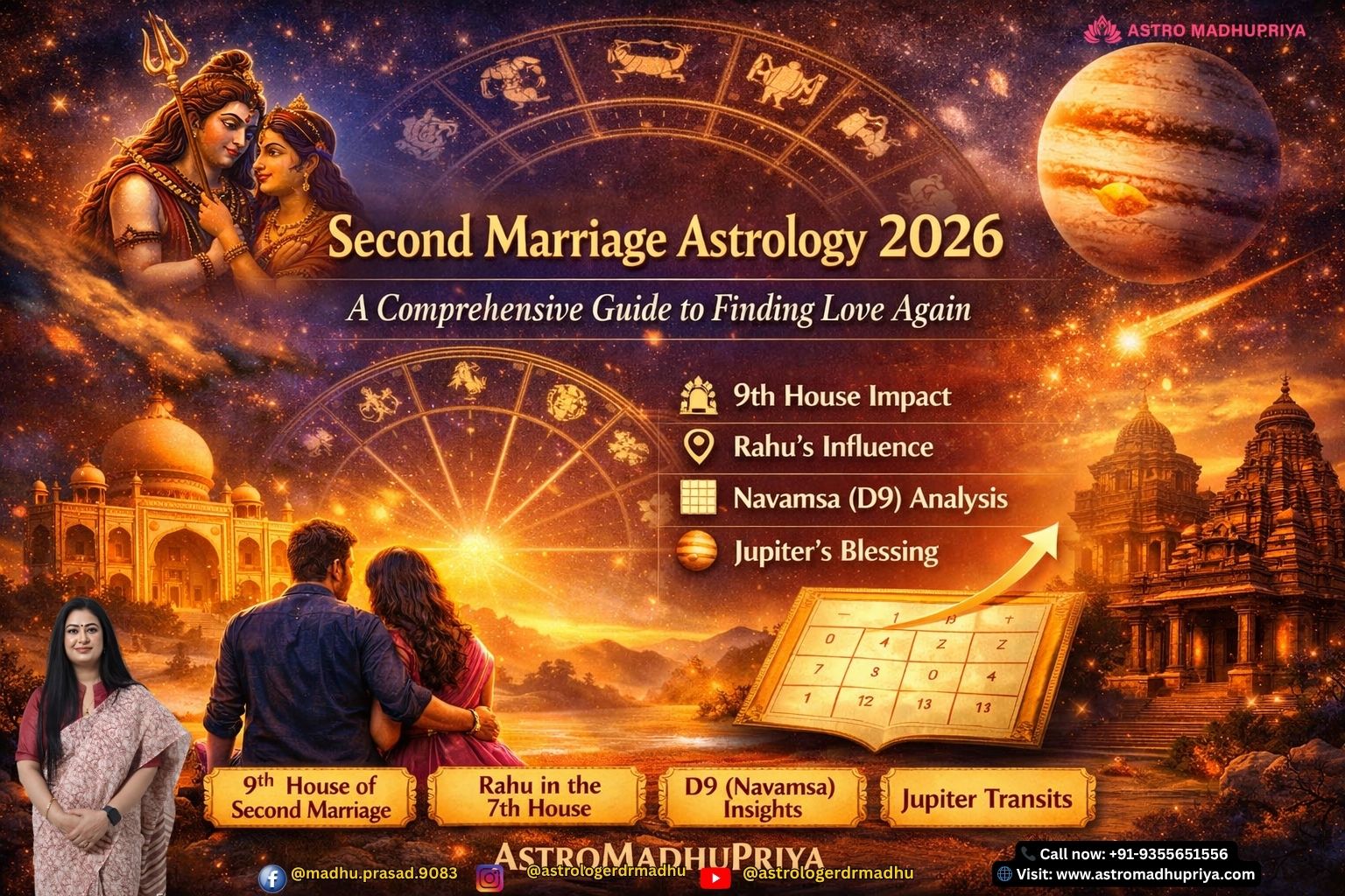 “Astrological chart highlighting 9th house for second marriage in 2026” “Navamsa (D9) chart analysis showing potential for remarriage” “Cosmic illustration of Jupiter transit blessing second unions”