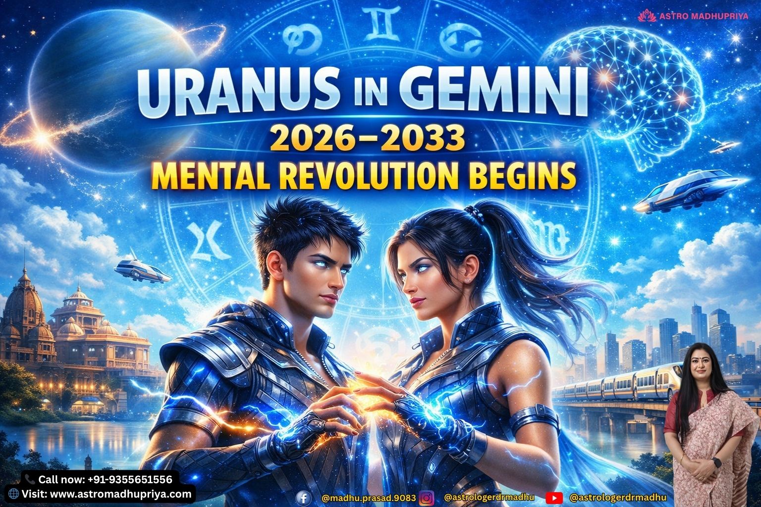 Light sky blue cosmic background with Gemini twins hologram, Uranus lightning fractals, and bold Hinglish overlay text: Uranus in Gemini 2026 Cosmic Reset.