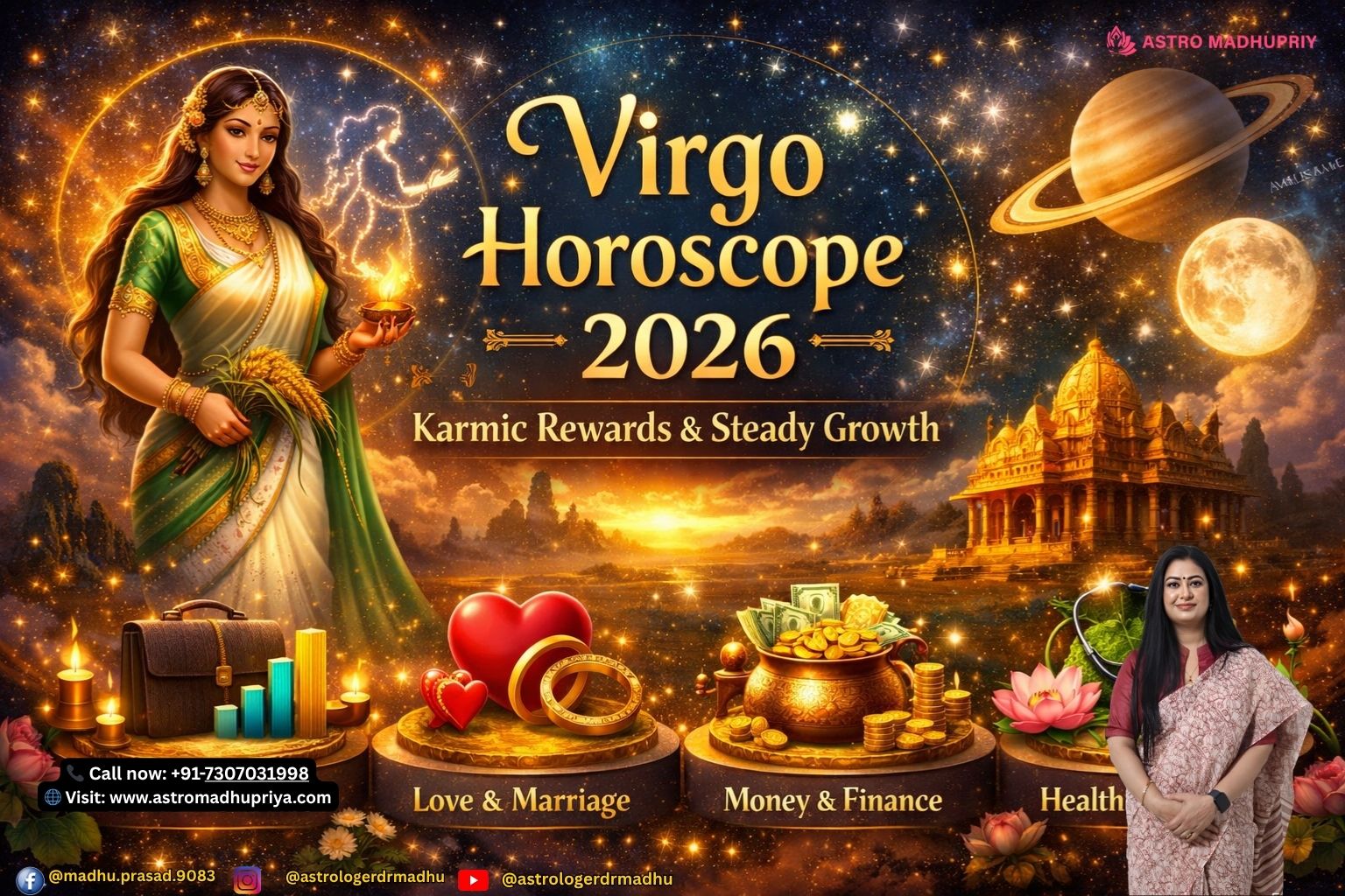 Virgo Horoscope 2026 forecast with zodiac constellation, mystical cosmic background, and symbols of career, love, money, and health.