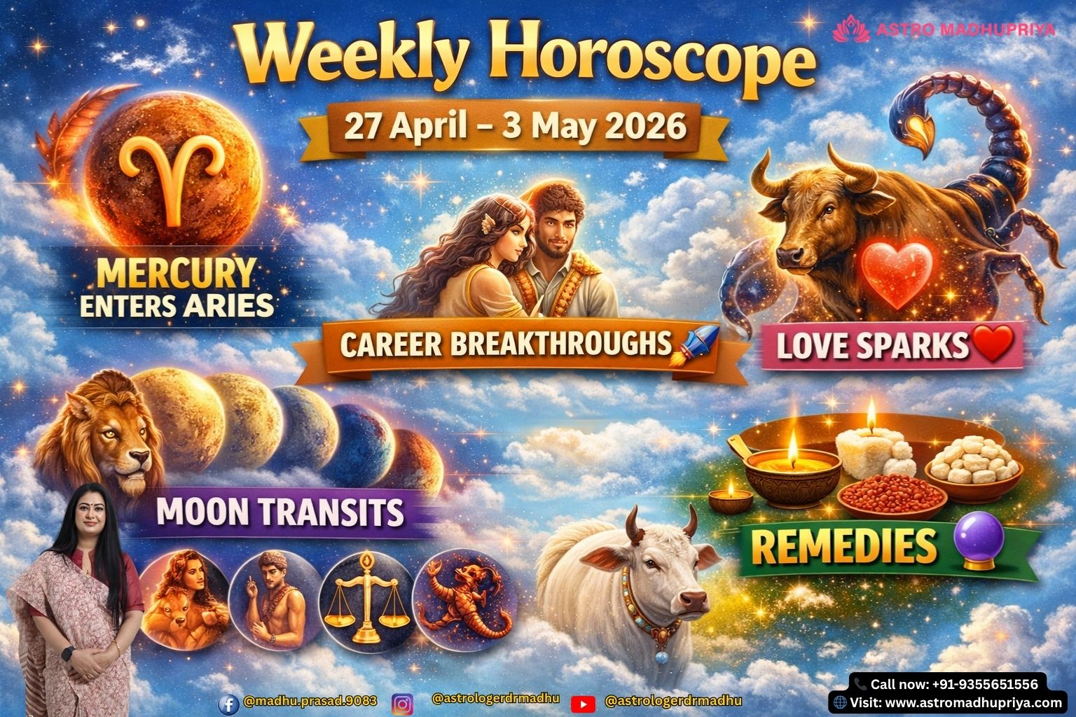 Weekly Horoscope 27 April – 3 May 2026 with Mercury in Aries, Moon transits, and remedies on a cosmic sky-blue backdrop. Astrology forecast April–May 2026 with zodiac symbols, bold Hinglish overlays, and celestial transitions. Mercury enters Aries 2026 – Career breakthroughs, remedies, and zodiac guidance on cinematic sky-blue background.