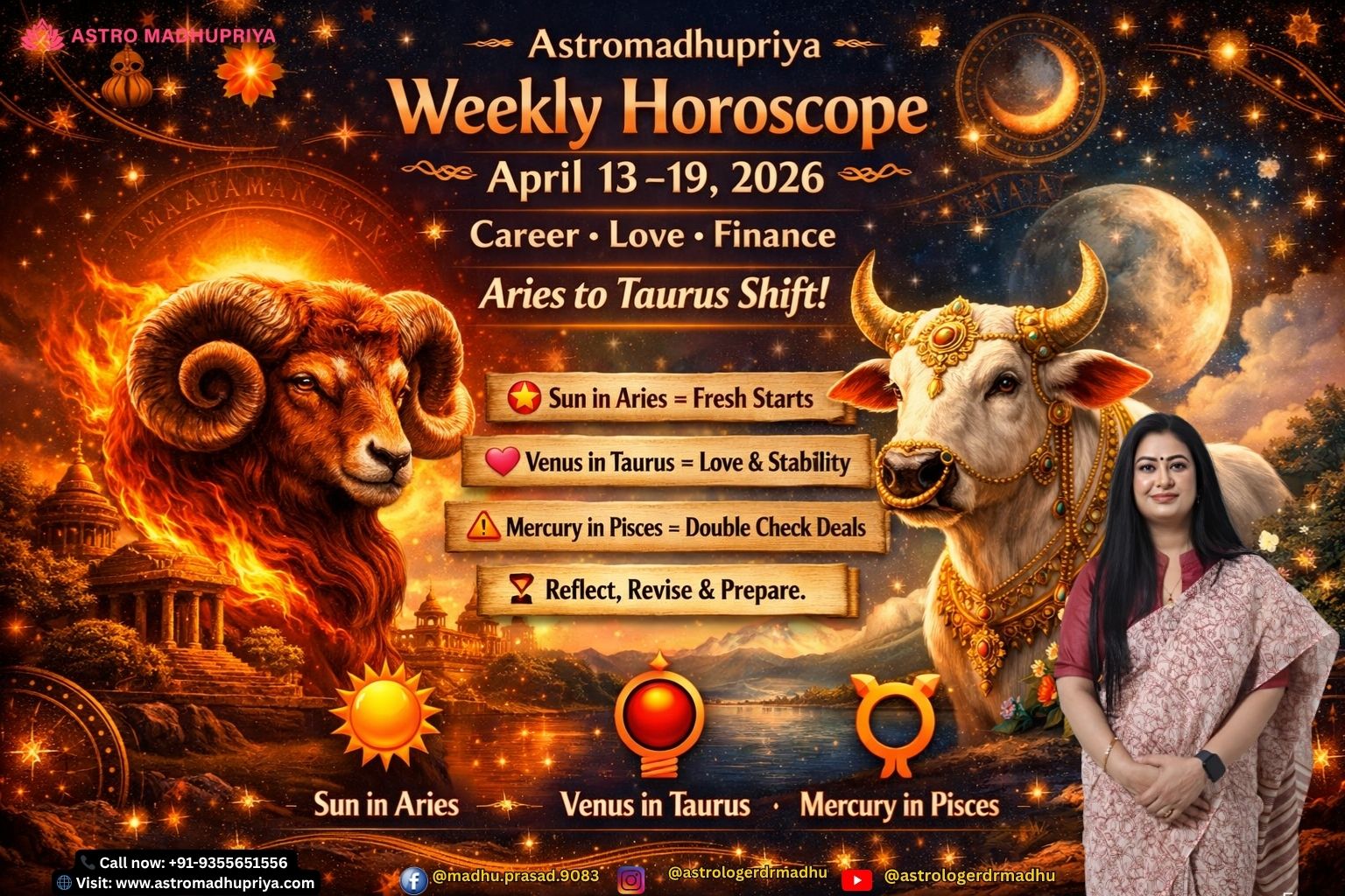 Weekly Horoscope April 13–19, 2026: Aries–Taurus cosmic shift guiding career clarity, financial stability, and love sincerity.