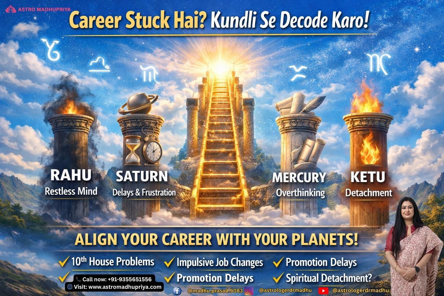 Symbolic cosmic ladder showing planetary influences on career instability in Vedic astrology. Astrology chart illustration highlighting Rahu, Saturn, Mercury, and Ketu effects on job changes. Light sky blue background with zodiac symbols representing career alignment and planetary strength.