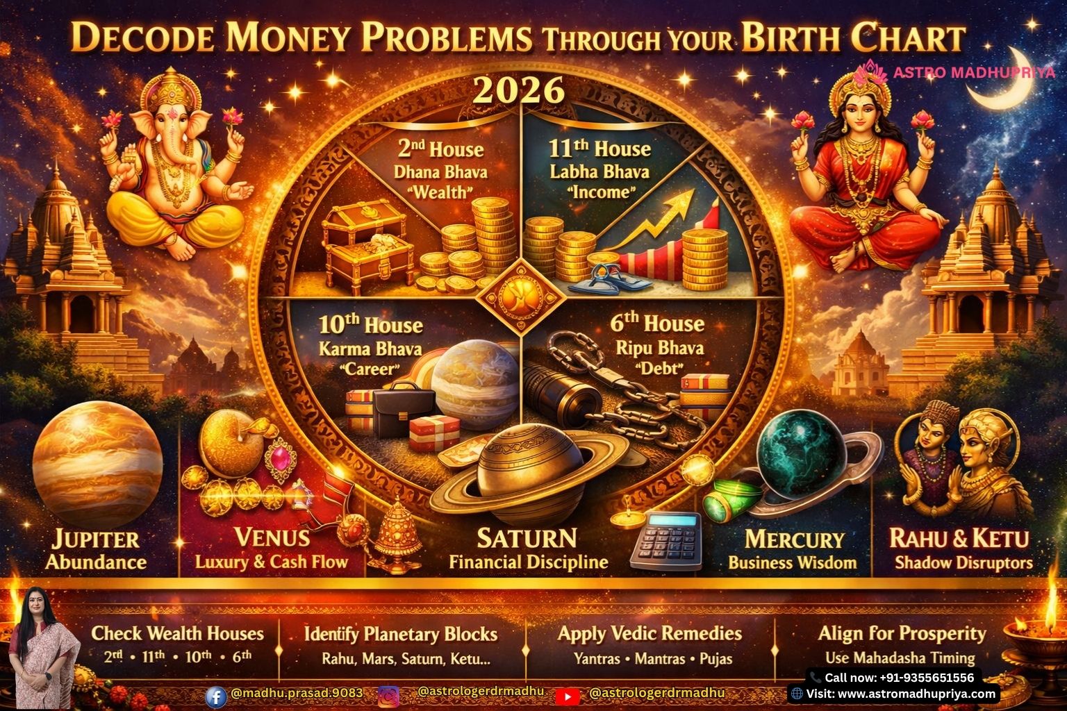 Astrology chart showing wealth houses and planetary influences on money problems