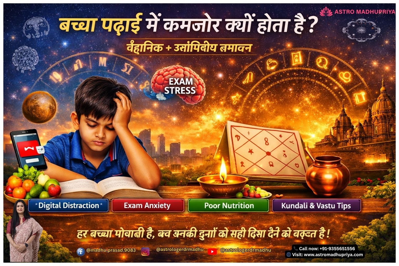 Child Study Focus Remedies – बच्चा पढ़ाई में ध्यान क्यों नहीं लगा पाता, इसके वैज्ञानिक और ज्योतिषीय कारणों का चित्रण।