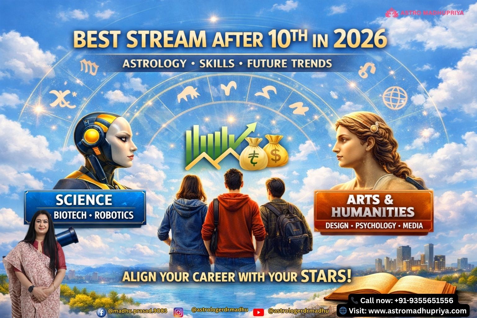 Astrology‑inspired zodiac wheel showing streams after 10th in 2026 – Science, Commerce, Arts.” “Illustration of career pathways after 10th grade in 2026 with AI, fintech, design, psychology icons.” “Vedic astrology chart highlighting 2nd, 4th, 5th, 9th, and 10th houses for career guidance.”