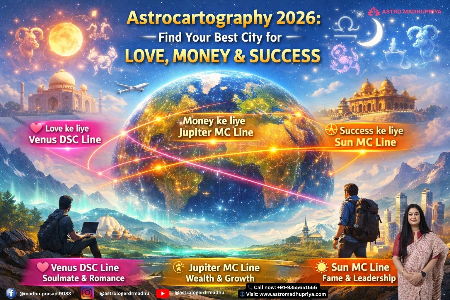 Astrocartography 2026 Map with Venus, Jupiter, Sun, Moon lines for love, money, career success relocation astrology. Relocation Astrology Guide showing best cities for love, wealth, marriage, and career growth in 2026. Cosmic Geography Chart highlighting planetary energy lines for digital nomads, foreign settlement, and career expansion.