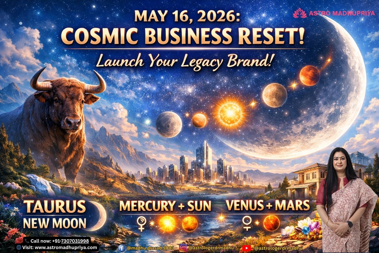Light sky blue zodiac visual with Taurus bull energy, digital coins, bold Hinglish overlay – Business Launch Muhurat May 16, 2026. Cinematic astrology visual with Taurus New Moon, meditation symbols, bold Hinglish overlay – Spiritual Business Muhurat May 16, 2026. Taurus bull, AI circuit motifs, light sky blue background, bold Hinglish overlay – AI Consulting Launch May 16, 2026. Light sky blue fashion visual with Taurus earth motifs, eco‑friendly fabrics, bold Hinglish overlay – Sustainable Fashion Launch May 16, 2026. luxury home motifs, spa elements, light sky blue background, bold Hinglish overlay – Real Estate & Wellness Launch May 16, 2026.