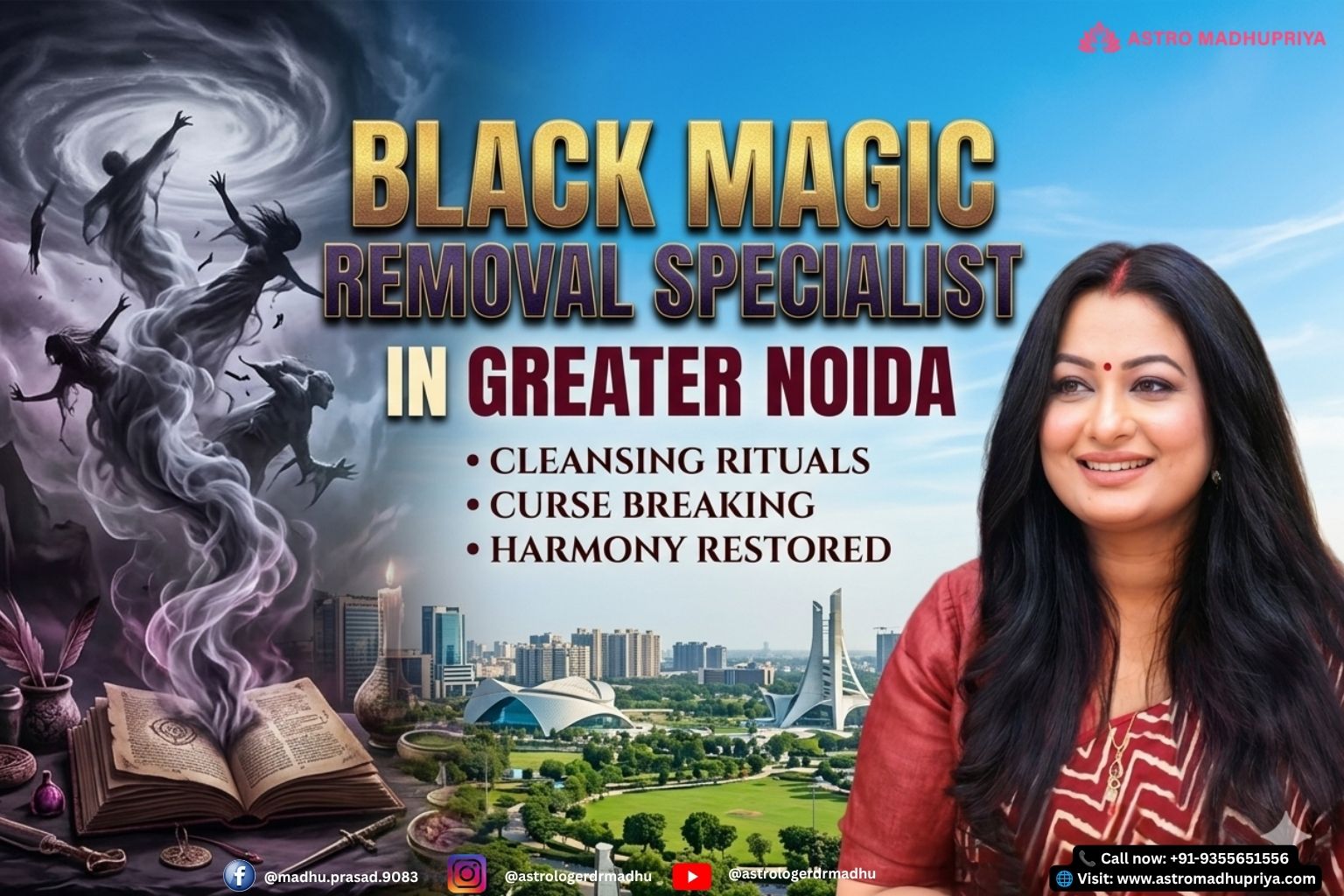Aura Scanning Greater Noida → “Aura scanning session detecting dark energy patches in Greater Noida spiritual healing center.” Black Magic Removal Specialist → “Astromadhupriya performing Vedic remedies for black magic removal in Greater Noida West.” Vastu Energy Correction → “Vastu consultant cleansing Northeast zone with sea salt remedies in Greater Noida.” Hanuman Protection Remedies → “Devotee reciting Hanuman Chalisa for spiritual protection against evil eye and dark forces.”