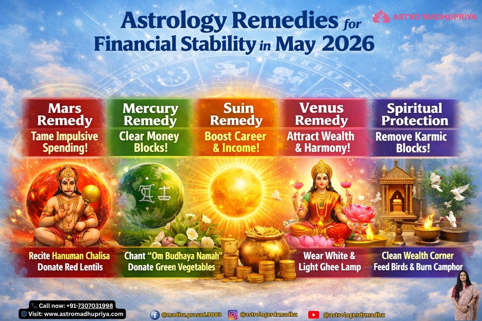 Mars in Aries astrology visual, bold red energy, Hanuman Chalisa remedy for financial stability, light sky blue background. Mercury in Taurus Gemini transit, green aura, Tulsi Mala mantra Om Budhaya Namah, financial clarity visual. Sun in Taurus astrology visual, golden rays, Gayatri Mantra, career prosperity remedy, light sky blue background.