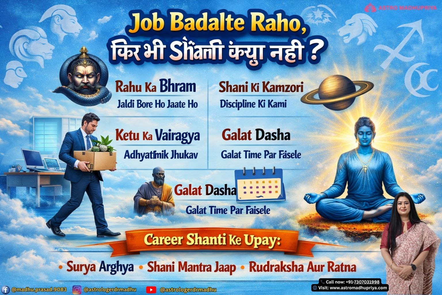 Job change astrology remedies for peace — Rahu, Shani, Ketu effects on career stability and corporate burnout solutions. Astrology guide for career confusion, toxic workplace astrology, energy alignment and Vedic remedies for job stress relief. Corporate astrology solutions — Surya Arghya, Shani mantra meditation, Rudraksha therapy and gemstones for career growth.