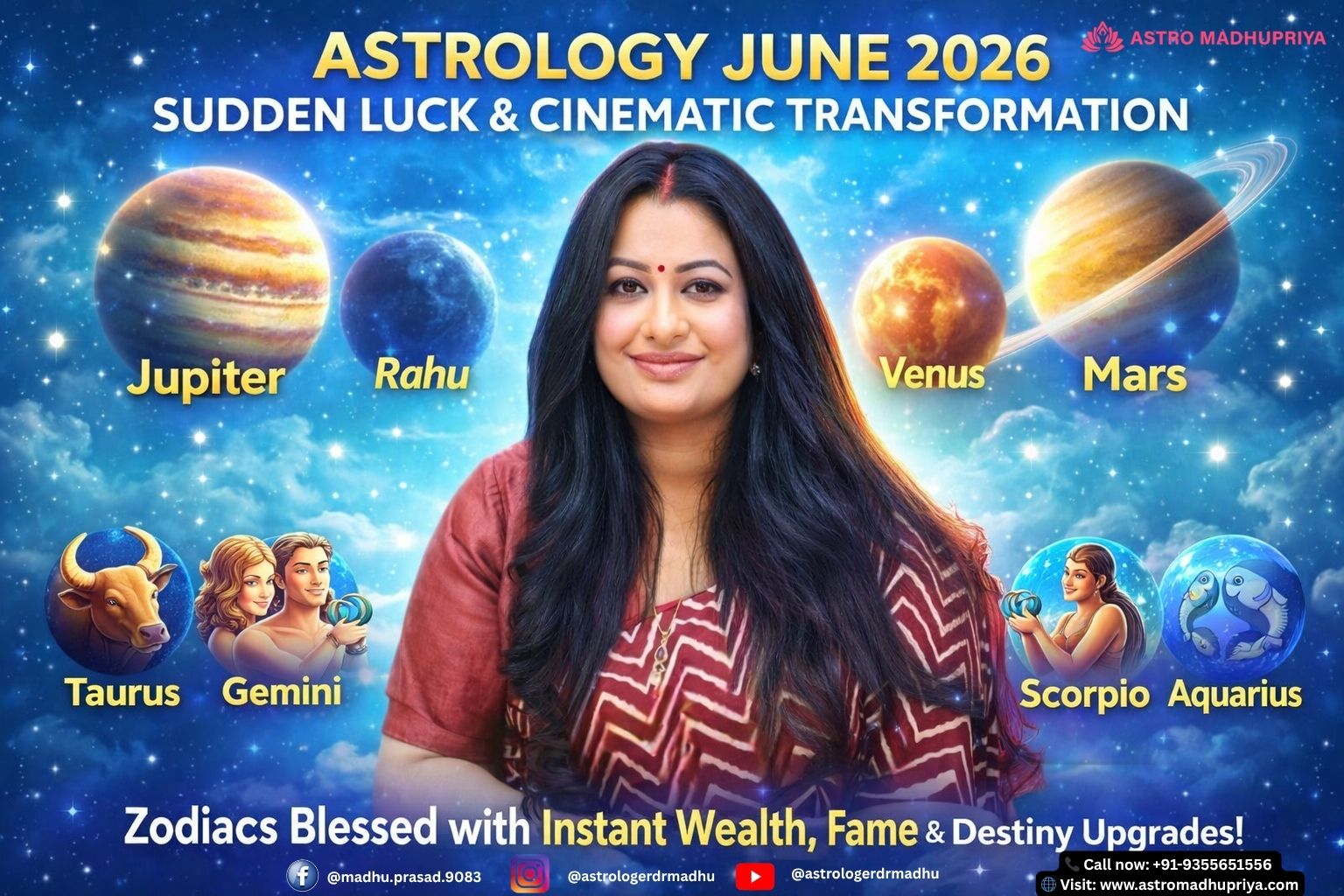 Jupiter Rahu Saturn Venus Mars astrology poster June 2026 sudden luck karmic transformation zodiac signs Taurus Gemini Leo Scorpio Aquarius Pisces June 2026 astrology cosmic planets Rahu Jupiter Saturn Venus Mars bringing wealth romance career breakthroughs spiritual awakening zodiac fortune