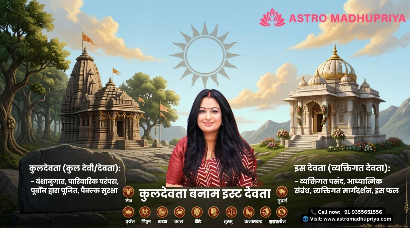 Kuldevta aur Isht Devta spiritual comparison with light sky blue background Indian Zodiac Sign with bold keypoint text in cinematic style Kuldevta vs Isht Devta landscape image for astrology article