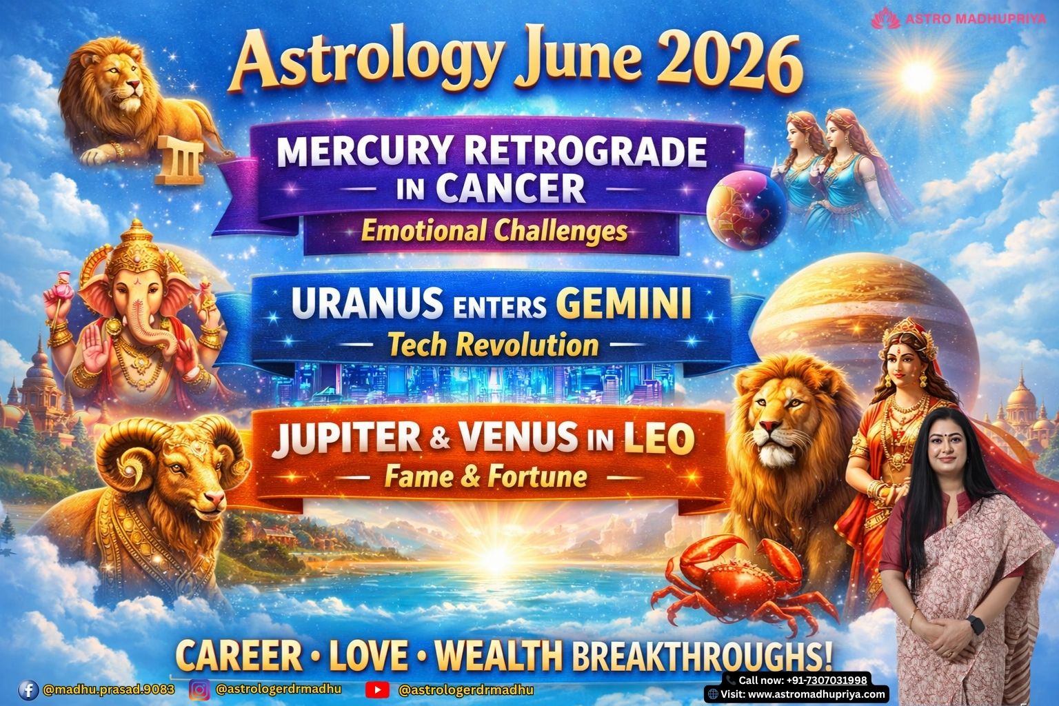June 2026 planetary transits — Mercury Retrograde in Cancer, Uranus in Gemini, Jupiter & Venus in Leo