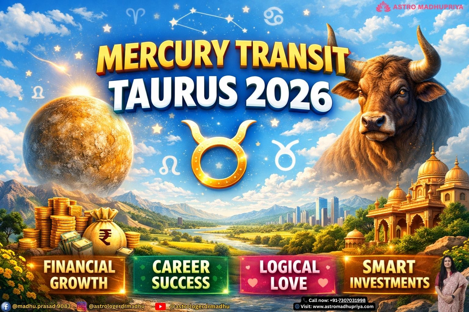 Mercury Transit Taurus 2026: Light sky blue background, bold Hinglish overlay “Financial Reset Transit”. Career & Money Impact Visual: Mercury glyph with Taurus bull, cityscape backdrop, bold Hinglish overlay “Smart Investment, Stable Growth”. Love & Relationships Visual: Venus–Mercury harmony symbol, zodiac ring, bold Hinglish overlay “Logical Love, Secure Bonds”.