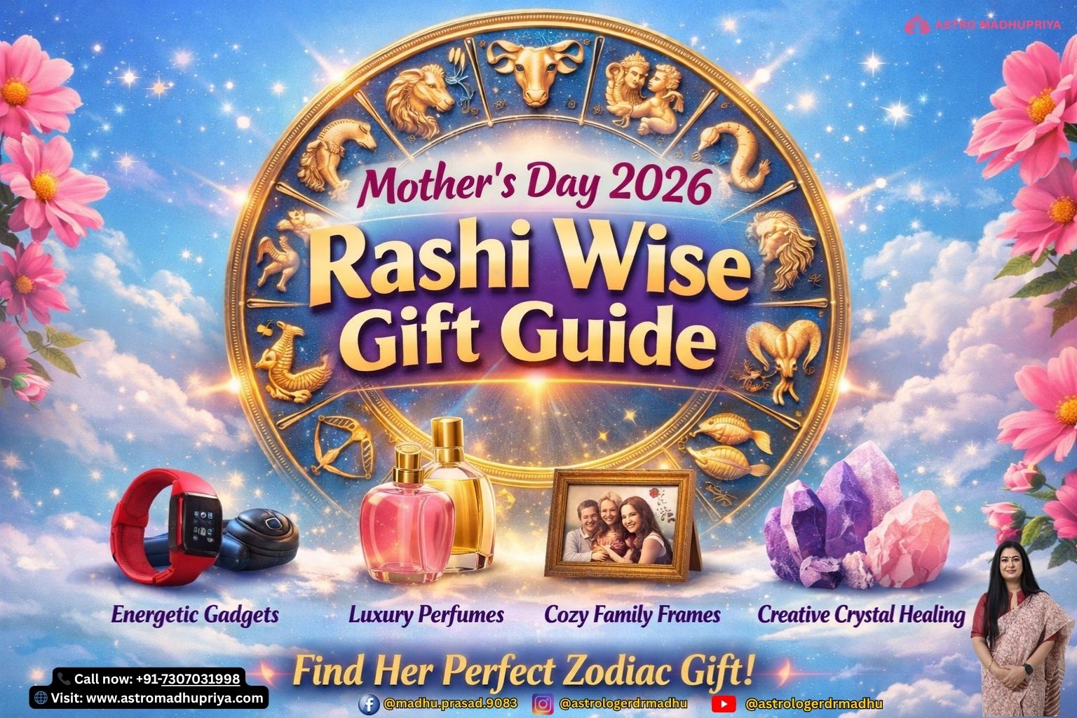 Light sky‑blue background with Indian zodiac wheel, bold Hinglish overlay: ‘Mother’s Day 2026 – Rashi Wise Gift Guide’, floral motifs and cosmic aura, eye‑catching 7D cinematic style for blog header and Reels.