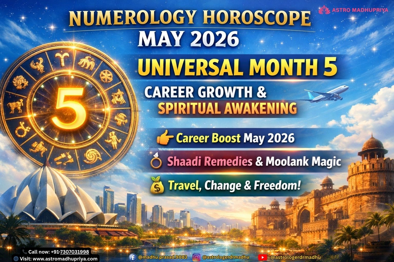 “Numerology Horoscope May 2026 Universal Month 5 predictions, career growth, spiritual awakening, Ghaziabad skyline zodiac motif.” “Birth Number 5 Change Agent May 2026 numerology forecast, aqua green turquoise zodiac, Kaushambi cityscape background.” “Astromadhupriya numerology remedies May 2026, Mercury mantras, lucky colors, career success guidance, Indian diaspora astrology.”