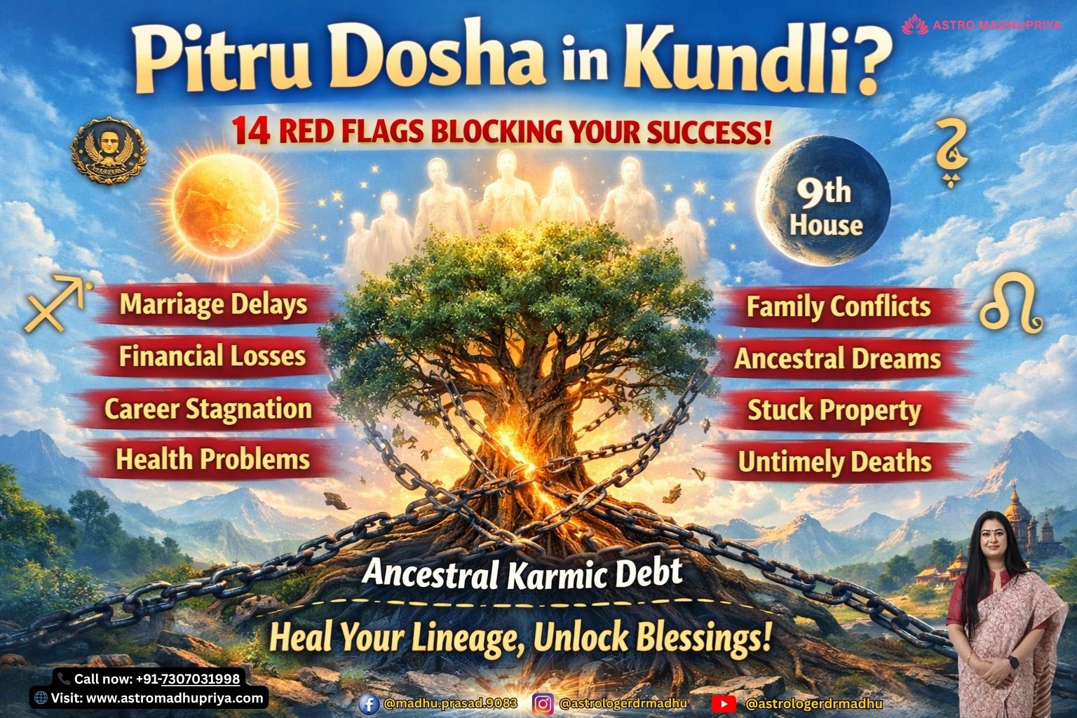 Pitru Dosha in Kundli — ancestral karmic debt blocking success, marriage, finances, and peace.