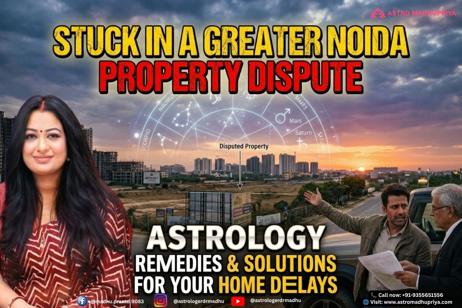 Greater Noida property dispute astrology – Kundli remedies for land conflicts Vastu corrections for real estate – Fixing South-West defects and registry delays Mars and Saturn property litigation – Astrological causes of builder fraud and court delays Inheritance astrology consultation – Resolving ancestral land feuds in Noida