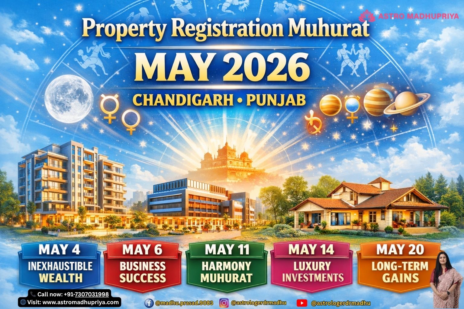Light sky blue astrology visual with Moon energy, Chandigarh luxury apartments, Panchkula floors, bold Hinglish overlay – Property Registration Muhurat May 4, 2026. Mercury‑Mars trine, Ludhiana commercial plots, Jalandhar retail spaces, bold Hinglish overlay – Property Registration Muhurat May 6, 2026. Astrology forecast visual with partnership house energy, family registry theme, Chandigarh & Punjab homes, bold Hinglish overlay – Property Registration Muhurat May 11, 2026. Amritsar luxury property, Mullanpur farmhouses, light sky blue background, bold Hinglish overlay – Property Registration Muhurat May 14, 2026. Saturn‑ruled astrology visual, Chandigarh rental apartments, Punjab buy‑to‑hold land, bold Hinglish overlay – Property Registration Muhurat May 20, 2026.