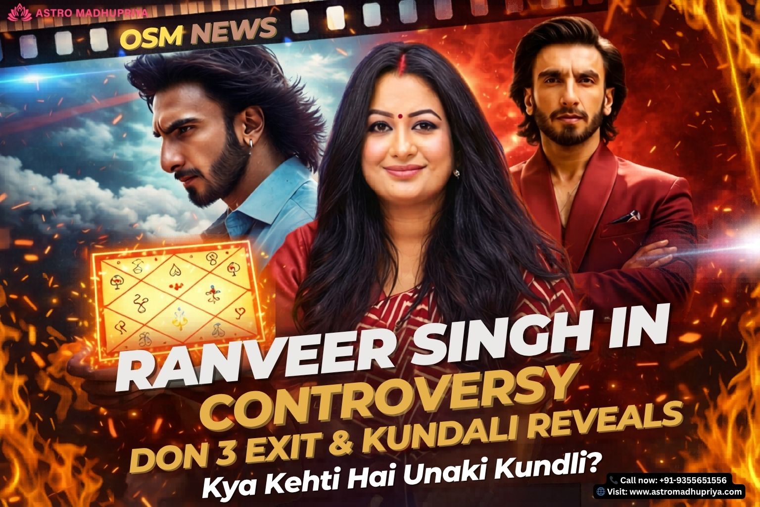 Ranveer Singh Astrology Kundli analysis with Rahu Shani Gochar 2026, Don 3 exit controversy, Bollywood career transformation. Bollywood Actor Ranveer Singh Horoscope showing Jupiter transit, Sade Sati impact, sudden disputes and spiritual shift.