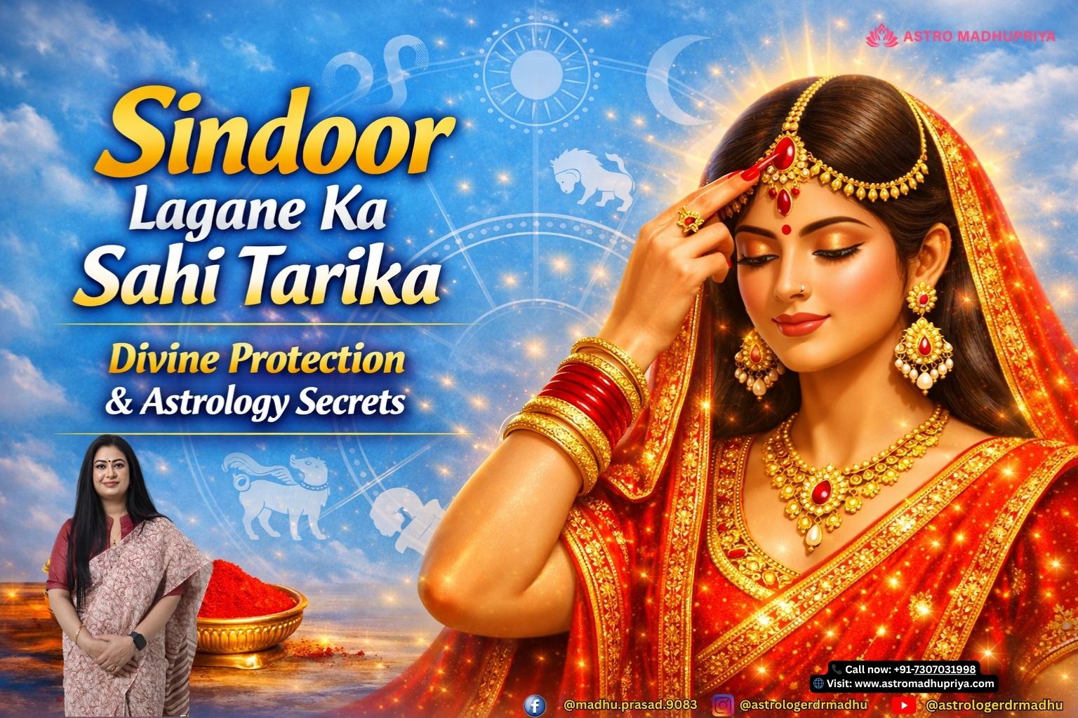 Sindoor Lagane Ka Sahi Tarika Astrology Image – Indian Zodiac Feminine Energy, Divine Protection, Vedic Rituals, Light Sky Blue Background, Bold Hinglish Text, Astromadhupriya Spiritual Remedies