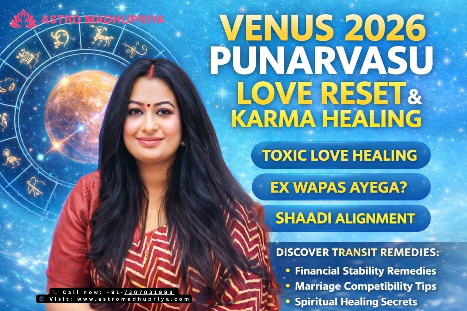 Venus in Punarvasu Nakshatra 2026 astrology poster showing cosmic love reset, karmic healing, marriage prediction, financial stability remedies.