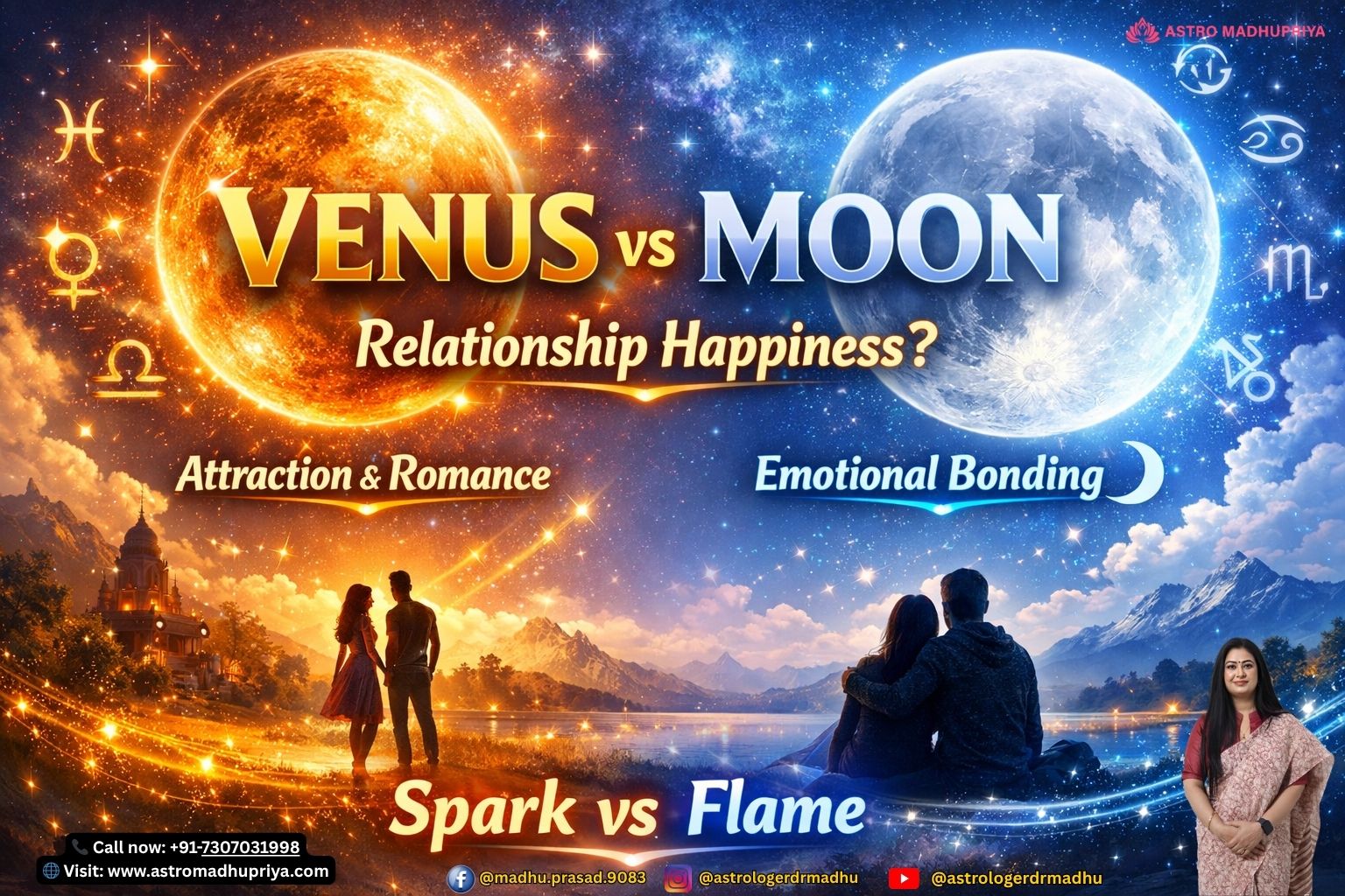 ‘Venus vs Moon – Relationship Happiness?’; cosmic aura showing attraction vs emotional bonding.”
