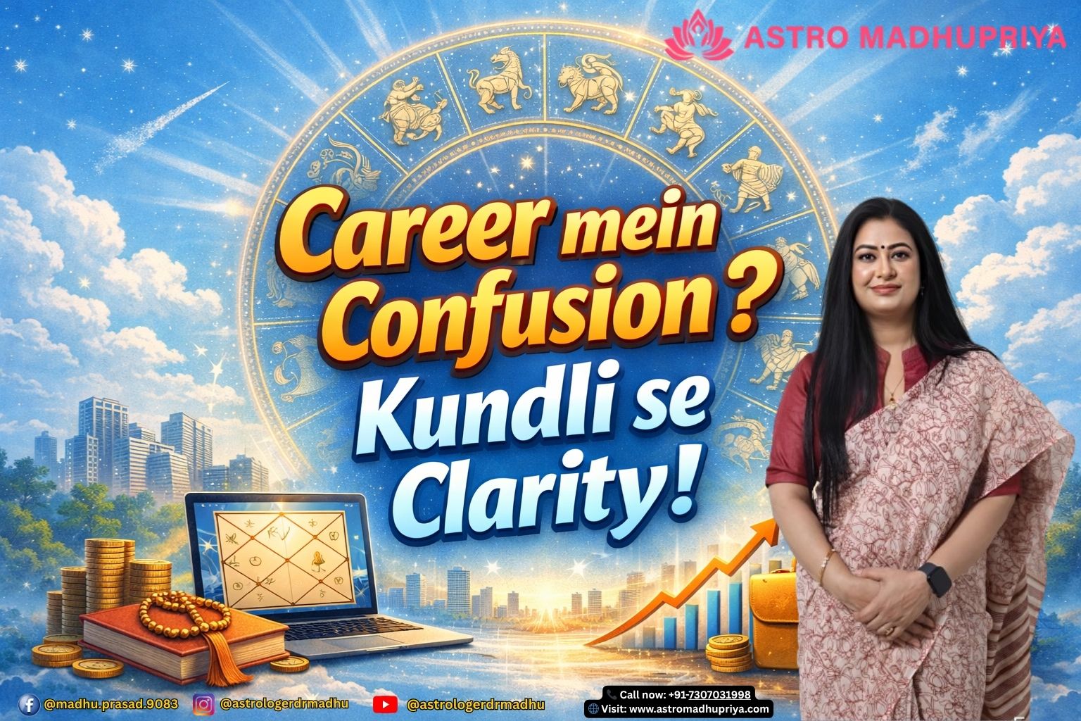 Career Astrology Noida Greater Noida 2026 – Light sky blue zodiac wheel background with bold Hinglish overlay “Career mein Confusion? Astrology se Clarity!” Corporate Astrology Remedies NCR – 7D cinematic landscape with Indian zodiac motifs and keywords: job stability, promotions, salary growth, business success. Astromadhupriya Career Guide – Astrology consultation Noida Extension & Greater Noida West, bold Hinglish text “Unlock Promotions & Salary Hike” on sky‑blue backdrop.
