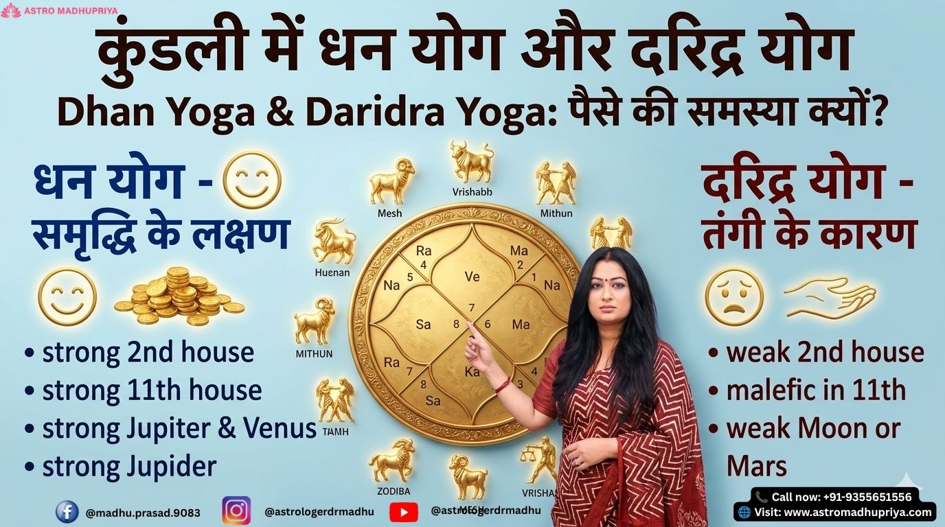 "कुंडली में धन योग और दरिद्र योग का ज्योतिषीय विश्लेषण – आर्थिक तंगी, कर्ज मुक्ति और उपाय" "धन योग, दरिद्र योग, ग्रह दोष और ज्योतिषीय उपाय – कुंडली में धन की स्थिति" "Astro Madhupriya द्वारा कुंडली विश्लेषण – आर्थिक समस्याओं के ज्योतिषीय कारण और समाधान"