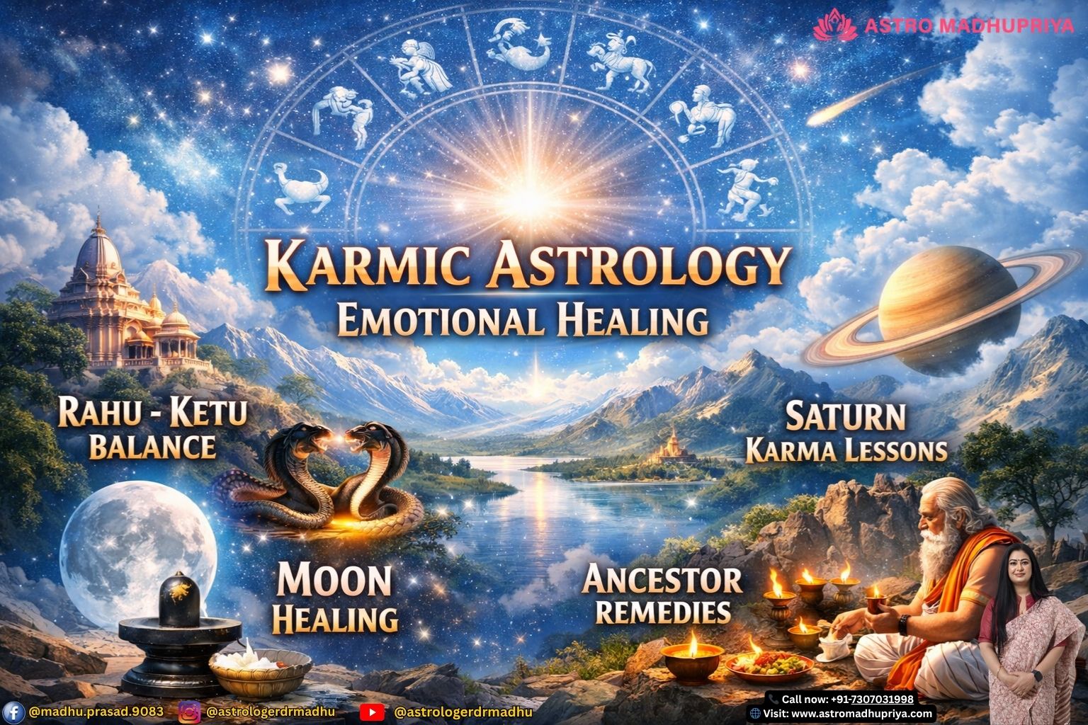 Rahu‑Ketu balance, Saturn karma remedies, emotional healing astrology visual.