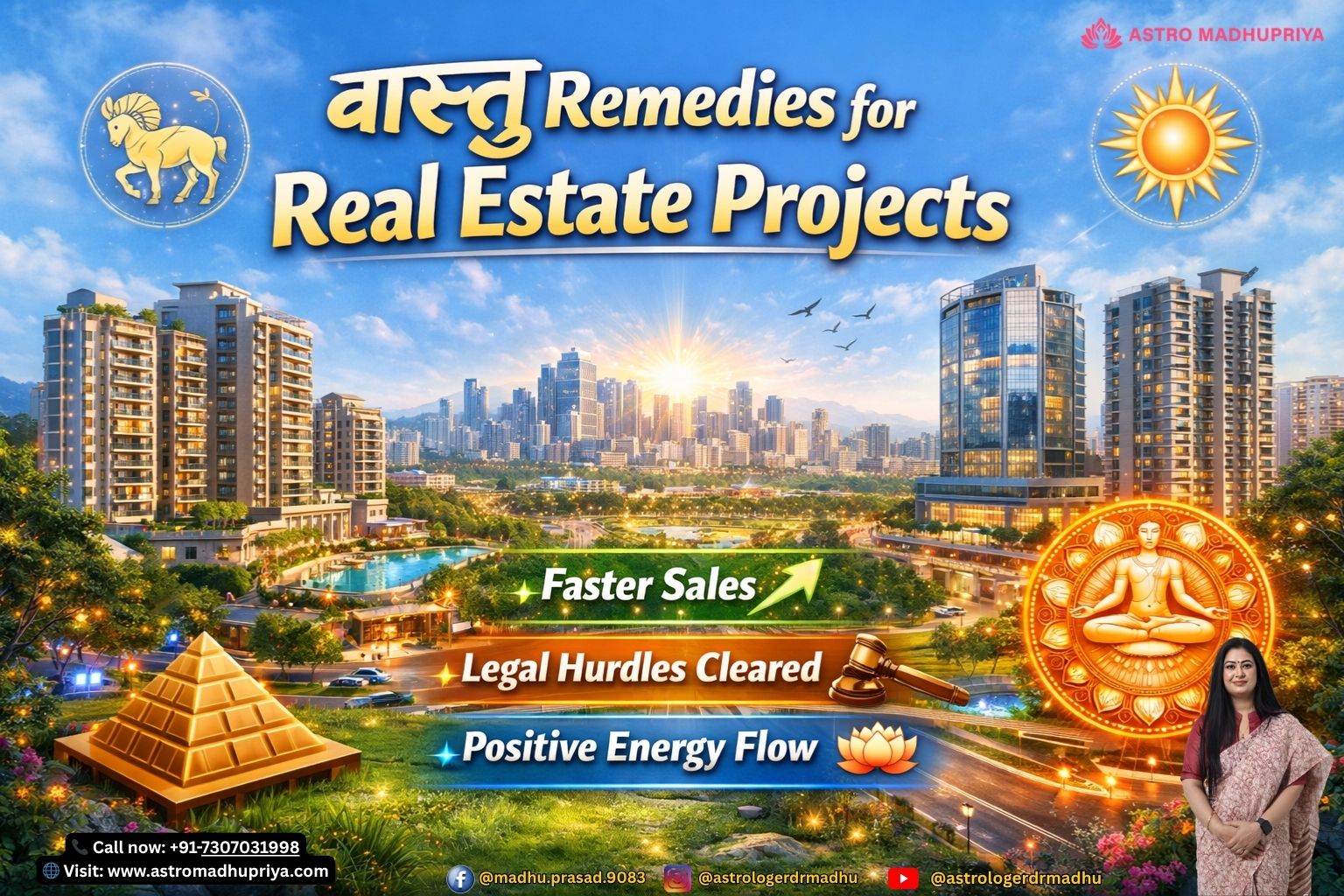 ‘Vastu Remedies for Real Estate Projects’, modern society buildings, glowing Indian zodiac symbols, balanced energy motifs, Raj Nagar Extension skyline.