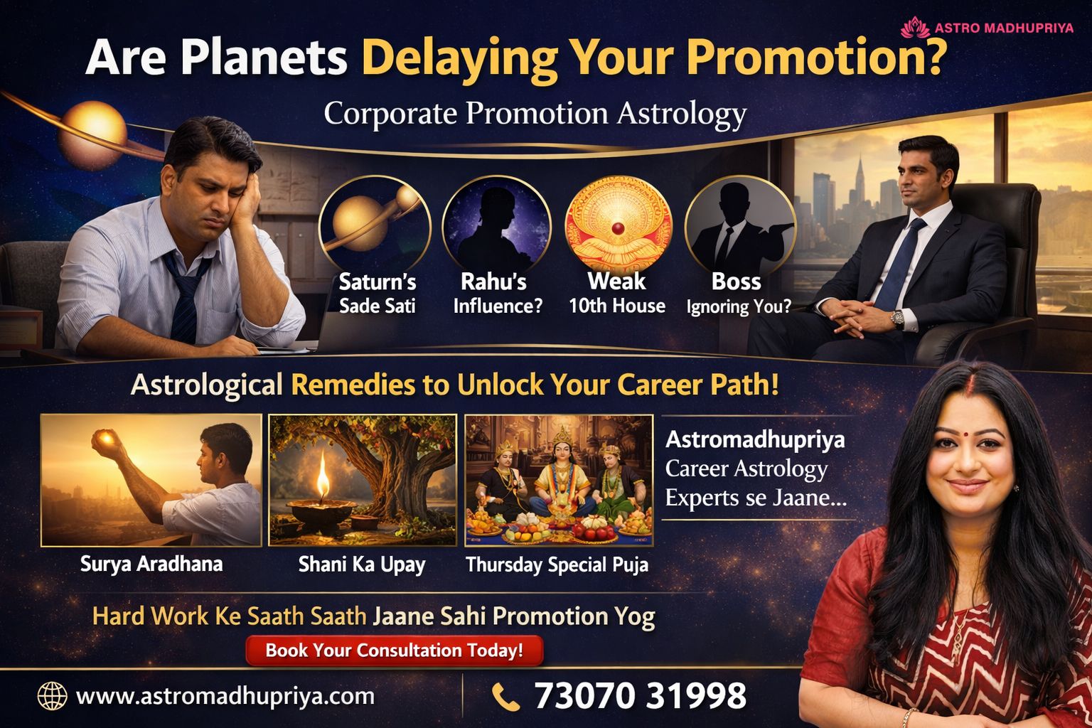 Astromadhupriya Corporate Promotion Astrology Poster showing Indian professionals facing career delay due to planetary effects — Saturn Sade Sati, Rahu Influence, Weak 10th House, and Boss Politics. Includes remedies like Surya Aradhana, Shani Upay, and Vishnu Puja for job promotion, salary hike, and career growth astrology consultation in Delhi, Bengaluru, Mumbai, and NCR.