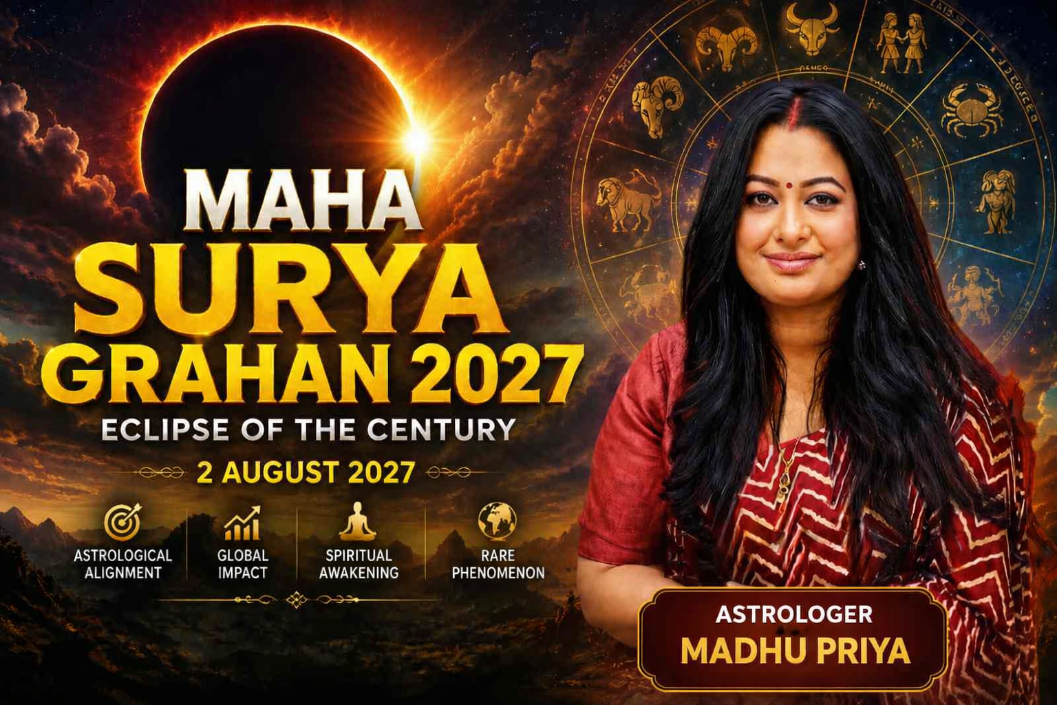 Maha Surya Grahan 2027 Eclipse of the Century, Cancer Zodiac, Rahu Ketu Transit, Luxor Egypt spiritual energy, astrology remedies. Total Solar Eclipse 2027, 6 minutes 23 seconds darkness, Pushya Nakshatra, global astrology predictions, financial market impact.