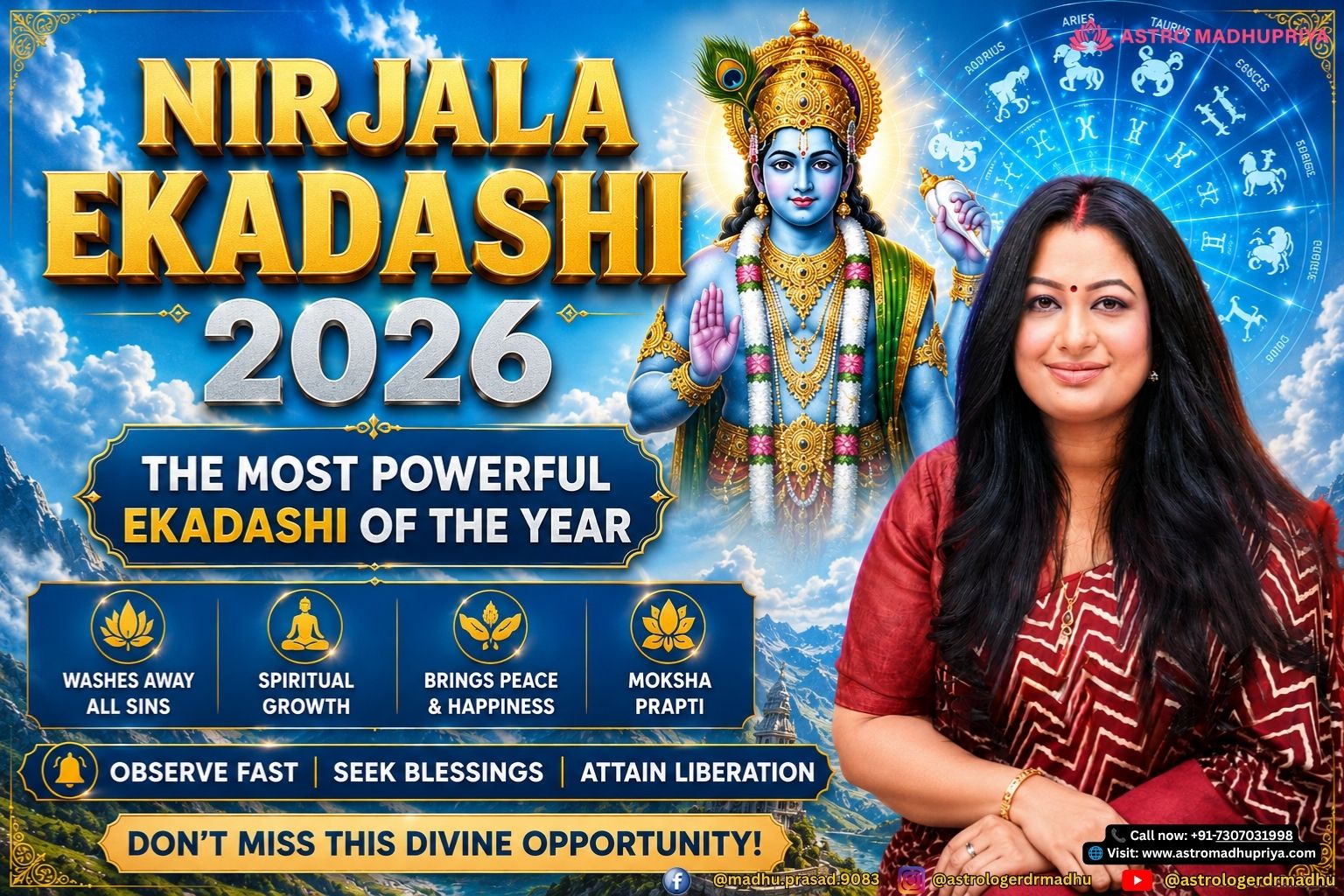 "Nirjala Ekadashi 2026 vrat vidhi, Shubh Muhurat puja steps, Lord Vishnu worship with Tulsi leaves, Gangajal abhishek, yellow attire, karmic cleansing, wealth remedies in Delhi, Mumbai, Bengaluru, Kolkata." "Bhima Ekadashi origin story from Mahabharata, Sage Vyasa guidance, waterless fasting, karmic purification, planetary dosha relief, prosperity attraction for devotees in Varanasi, Haridwar, Mathura." "Virtual Nirjala Ekadashi 2026 puja services, personalized Sankalpa, live streaming, WhatsApp updates, Prasad delivery, Annadan Seva, Gau Seva donations for USA, UK, Canada, UAE devotees." "Nirjala Ekadashi daan remedies — earthen pots, hand fans, yellow clothes, chana dal, jaggery, mangoes, Gau Seva at Gaushala in Delhi NCR, Noida, Gurgaon, Mumbai."