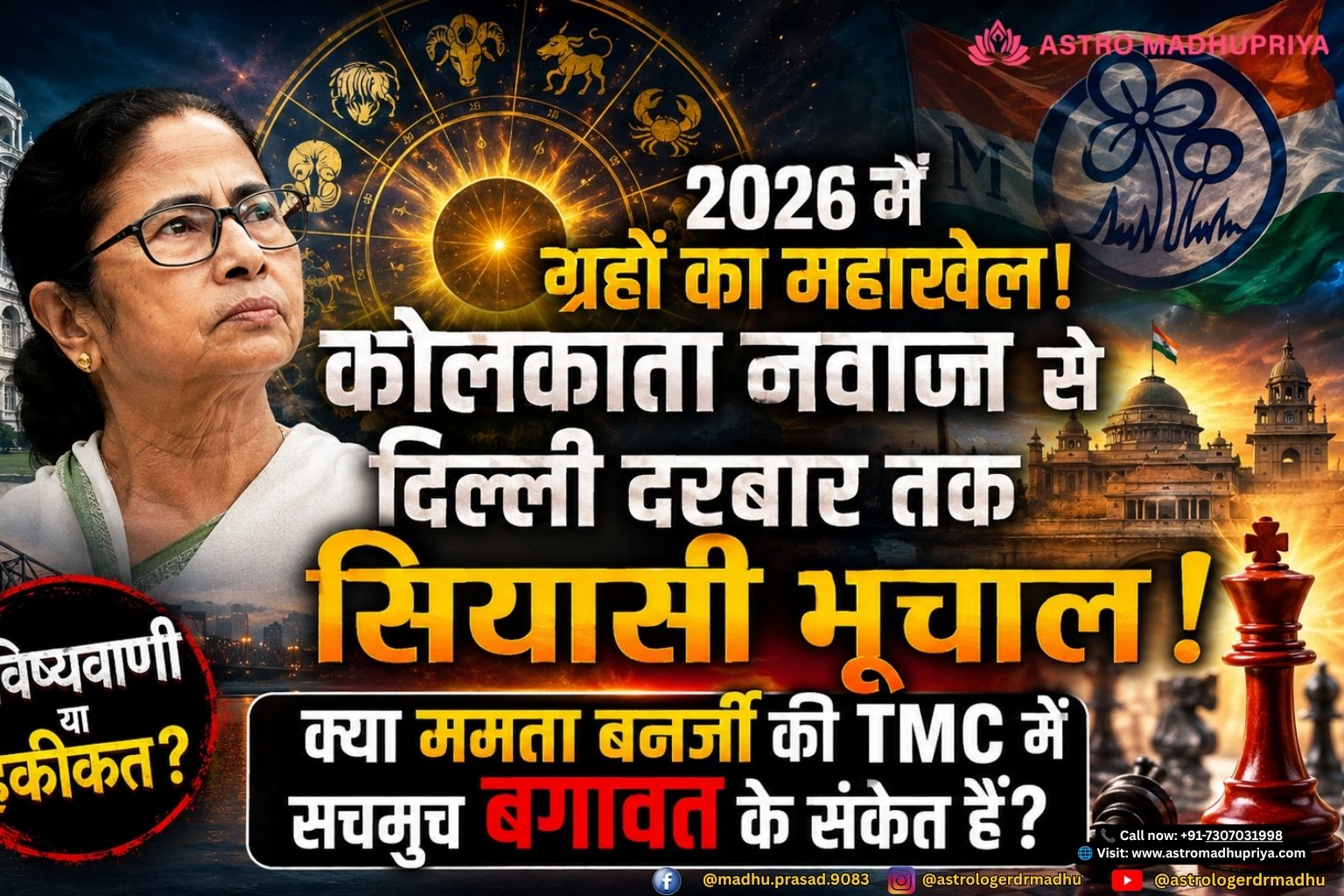 TMC Rebellion 2026 Astrology Analysis – Mamata Banerjee Horoscope, West Bengal Political Crisis, Shani Rahu Mangal Transit West Bengal Politics 2026 – Kolkata Nabanna Delhi Darbar, AstroMadhupriya Jyotish Prediction, Internal Conflict in TMC Mamata Banerjee Political Future – Astrology Horoscope, Shani Rahu Mangal Yuti, Bengal Delhi Political Turmoil