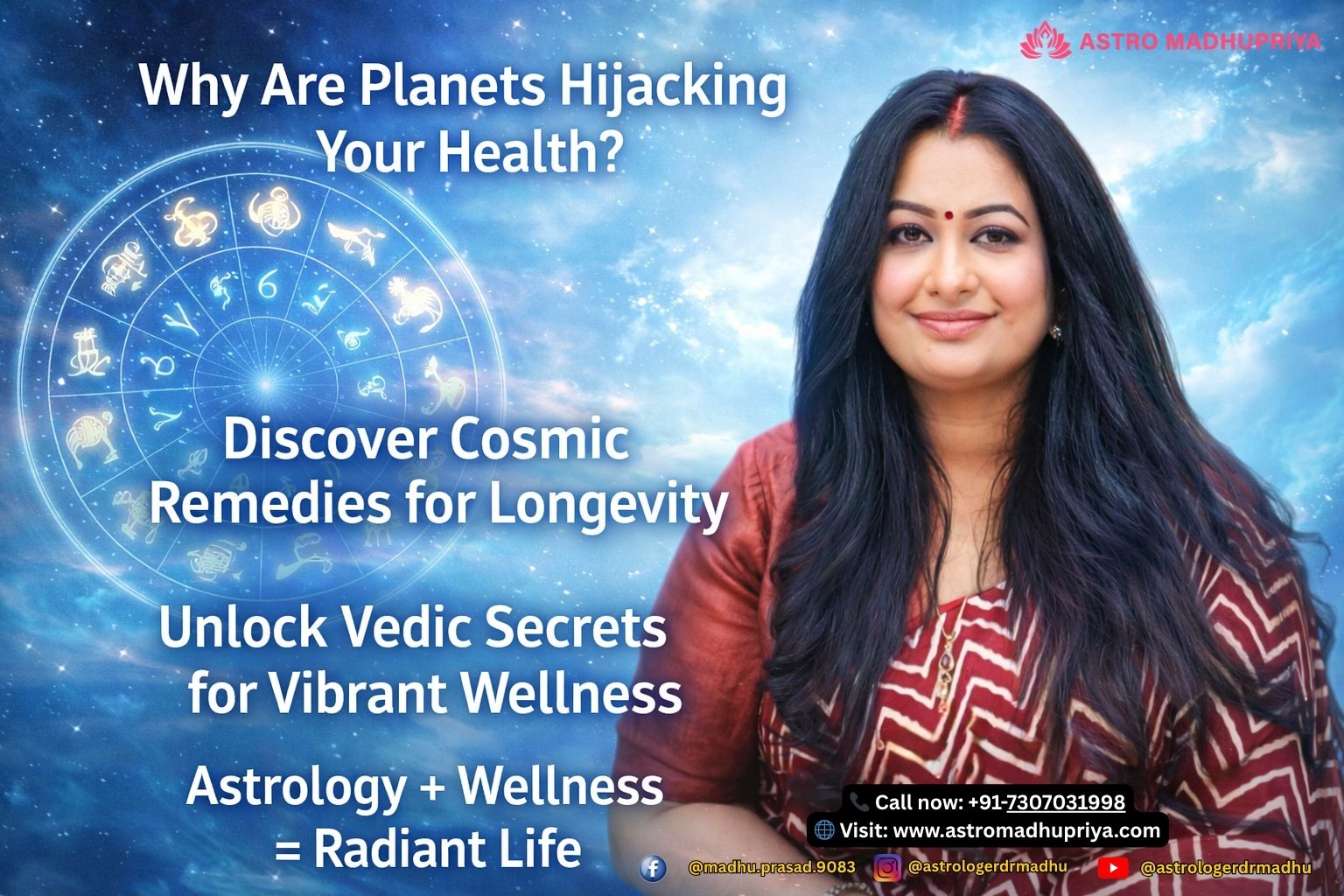 Cosmic wellness astrology remedies with glowing Indian zodiac signs in a 7D cinematic landscape background. Vedic health longevity secrets visual featuring bold English keypoint text and radiant cosmic aura. Astrology immunity and vitality remedies with sky‑blue cosmic gradient and zodiac wheel.